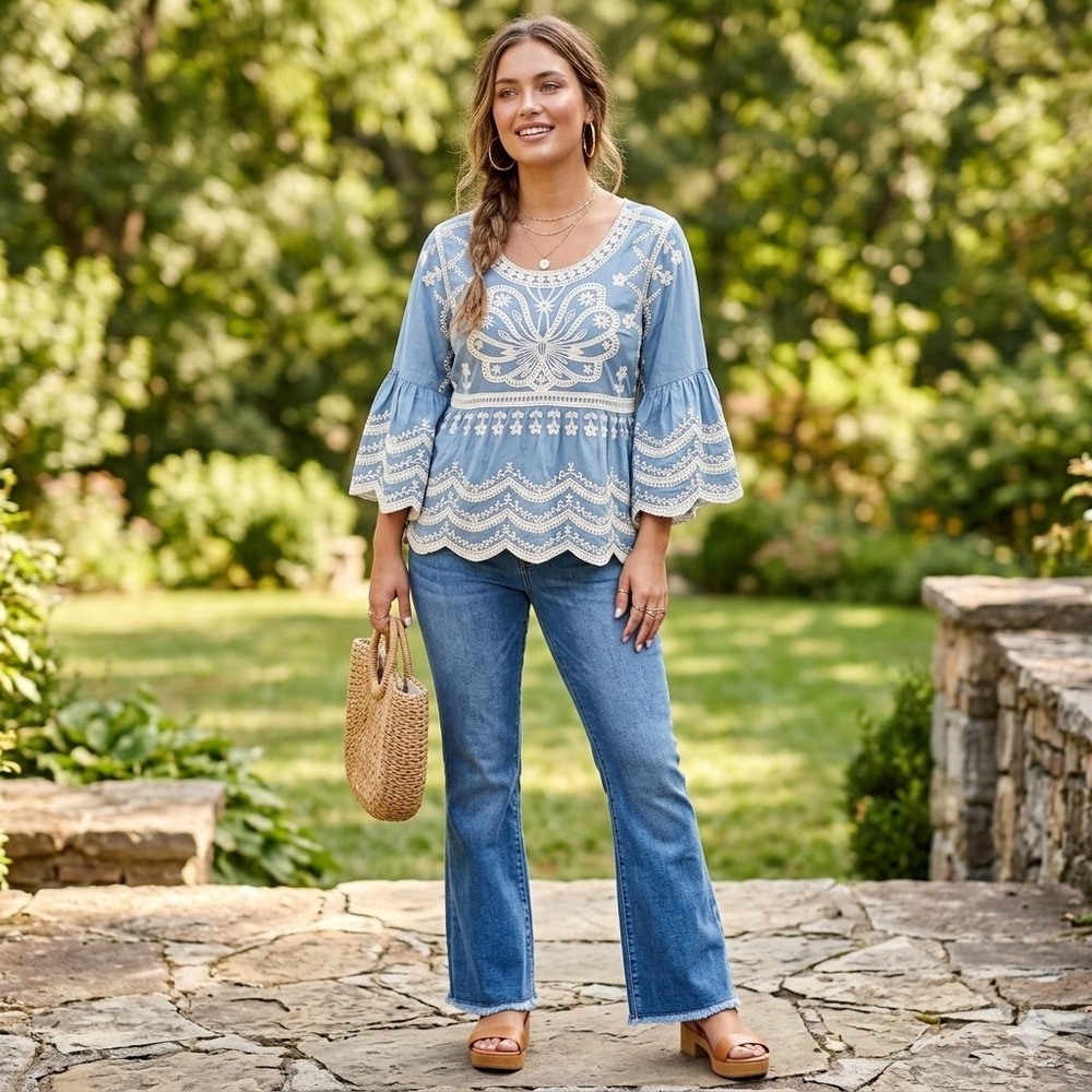 Ana & Rose Blue Embroidered Butterfly Bell Sleeve Boho Blouse XL Hippie Artisan